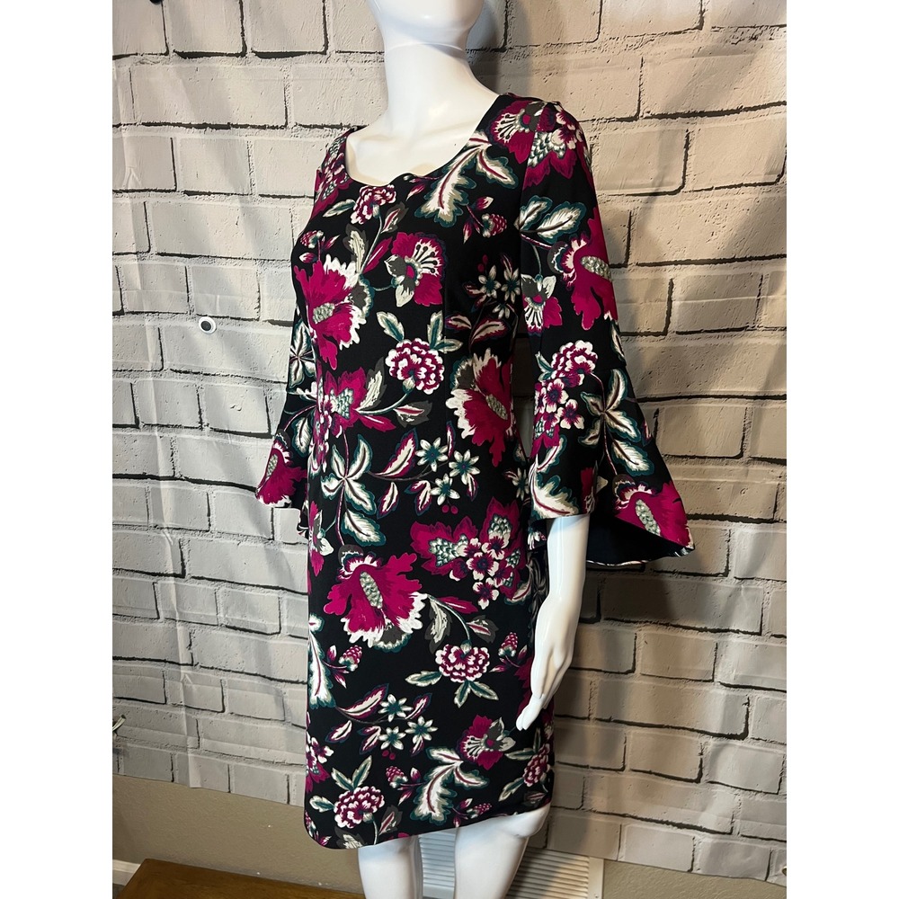 INC International Concepts Floral Bell Sleeve Sheath Dress Black Magenta Small